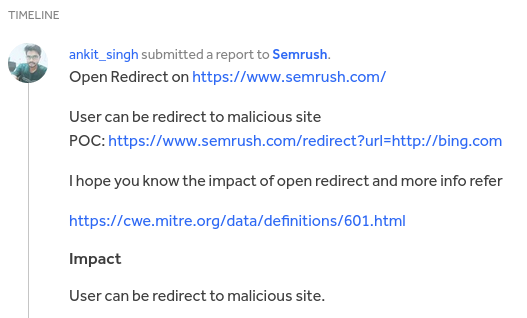 Rapport concernant la découverte d’une open redirect classique sur SemRush – HackerOne.