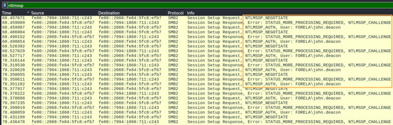 Résultat du filtre sur le protocole "ntlmssp" sur la capture analysée.