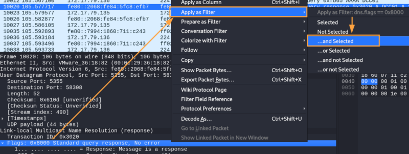 Utilisation de la fonctoin "Apply as Filter" dans Wireshark.