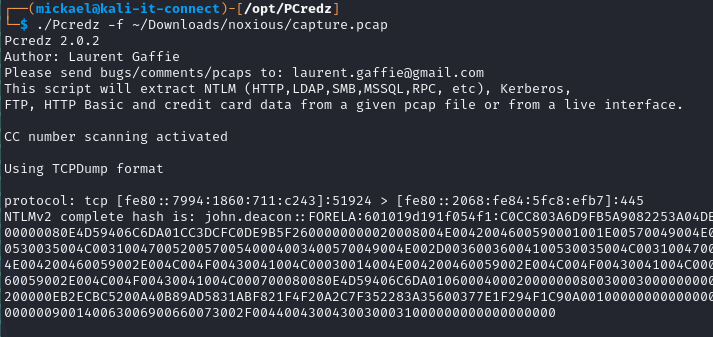 Extraction du hash NTLMv2 provenant de l'échange challenge-response depuis le ficheir .pcap.