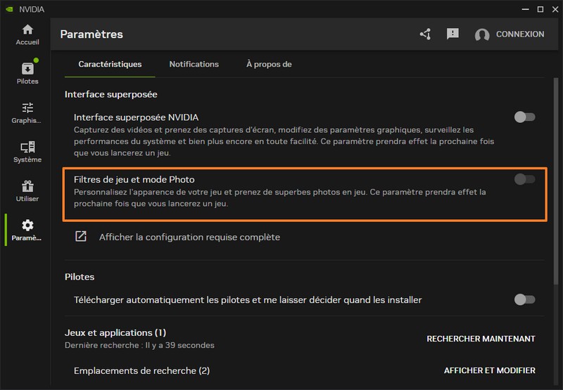 NVIDIA App - Filtres de jeu et mode photo