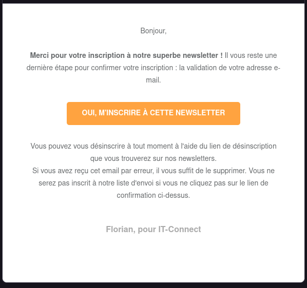 Exemple de mail double opt-in suite à l'inscription à une newsletter.