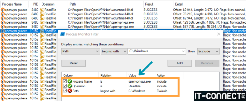 Utilisation d’une combinaison de filtre sur ProcMon.