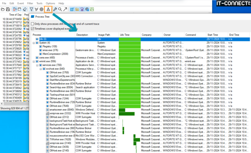 Vue du Process Tree générée lors d'une capture ProcMon.