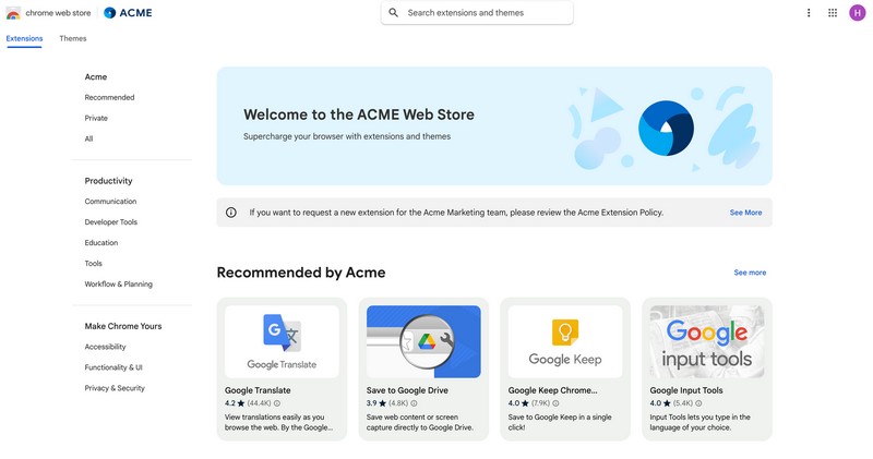 Aperçu du Chrome Web Store pour les entreprises