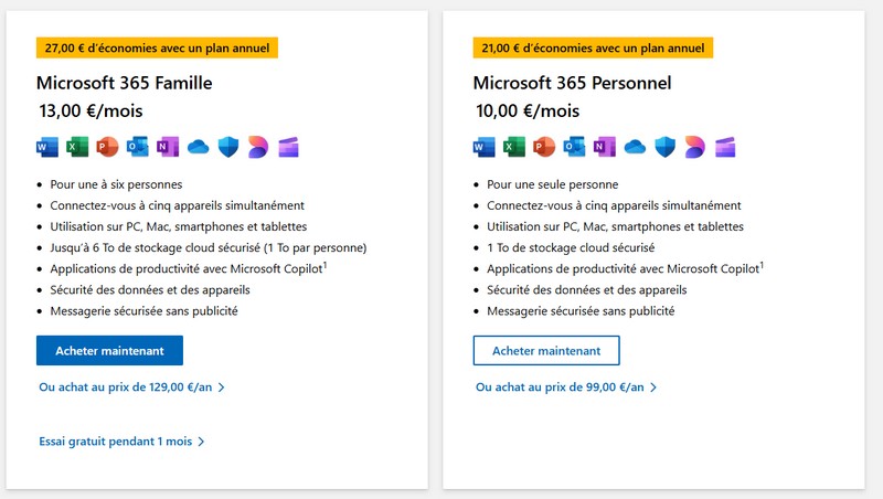 Microsoft 365 Personnel et Famille - Tarifs 2025