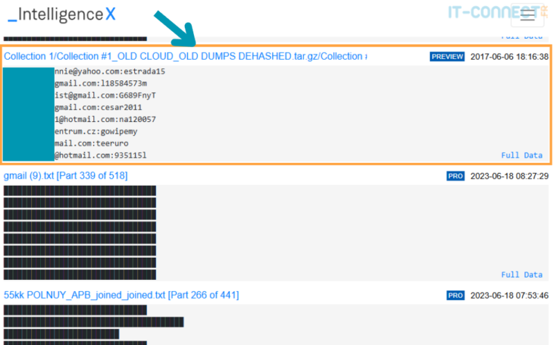 Exemple de résultat d'une recherche gratuite sur intelx.io.